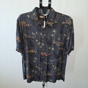 BATIK BAY MENS XL 100% RAYON GRAY WITH TROPICAL SCENES SHORT SLEEVE